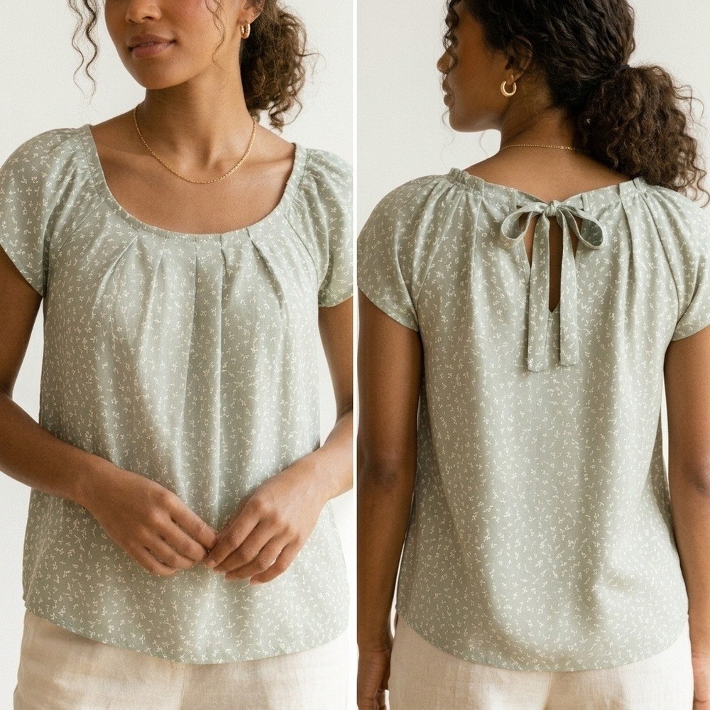 LC Lauren Conrad Blouse Women Sage Green Floral Ruffle Neck Tie Back Top XL